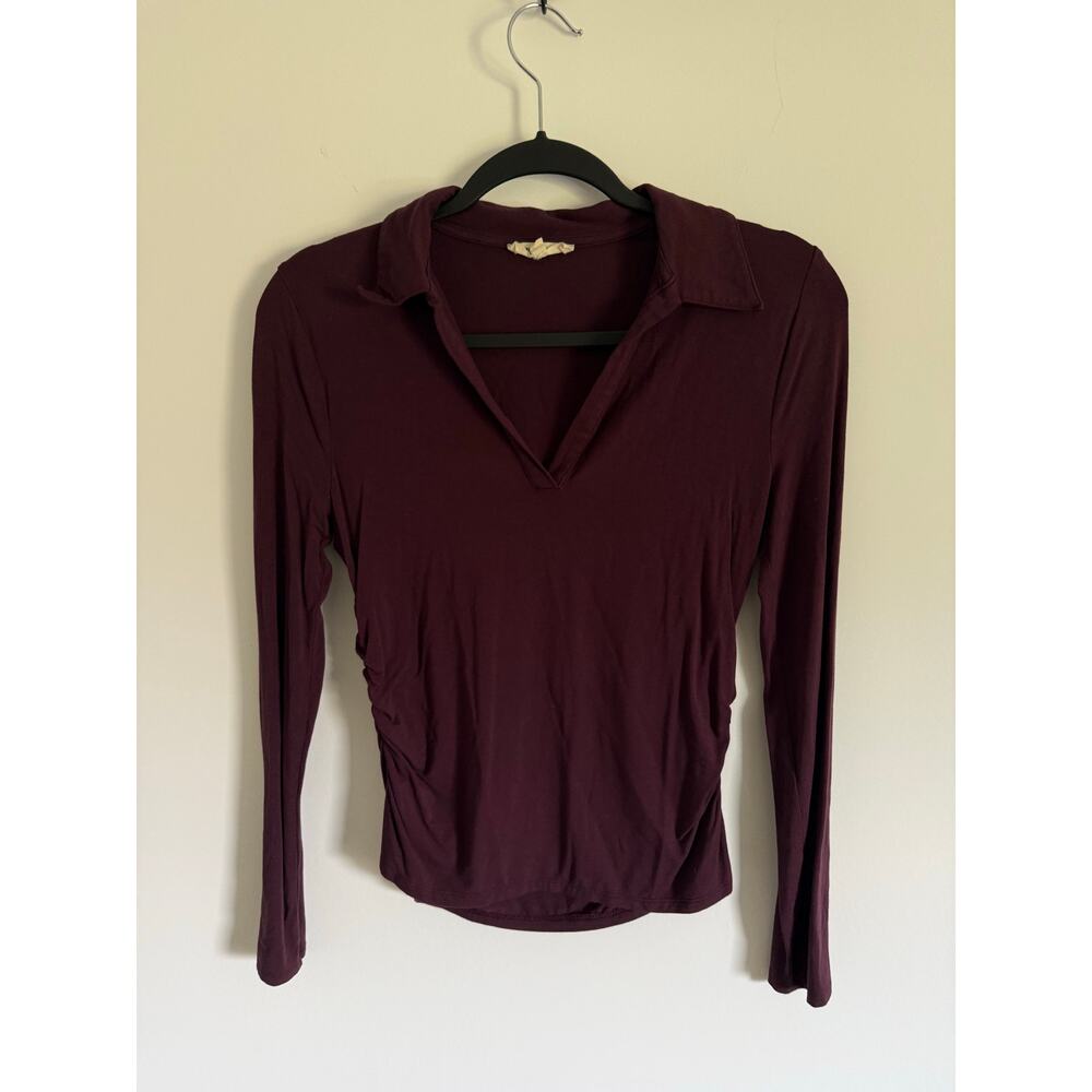 $58 Madewell Side-Cinch Long-Sleeve Polo Top - small - Burgundy - Picture 6 of 11
